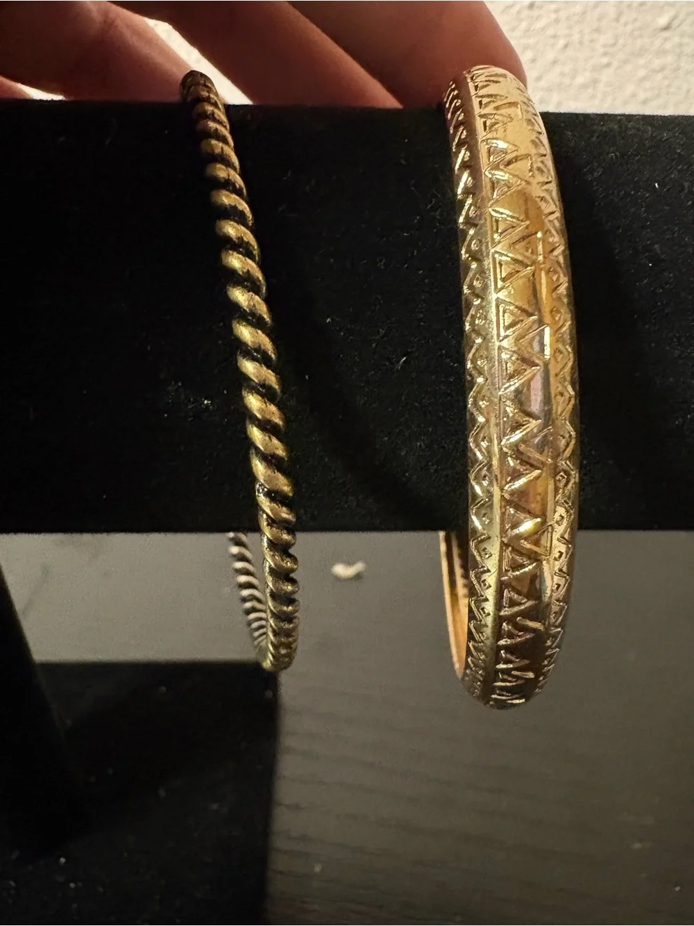 Gold Tone Bangle Bracelet Lot 2 Rope Twist Geometric Etched Boho Stackable